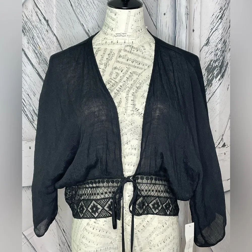 Timing Tie Front Top Sheer Lace Trim Black M NWT